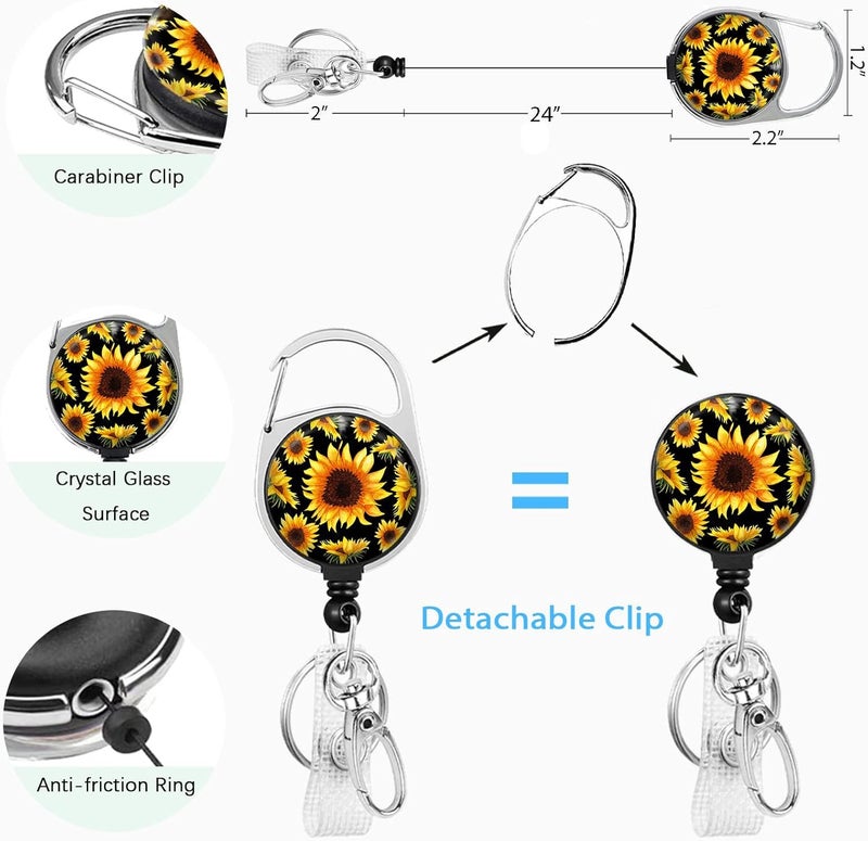 GIANCOMICS Cute Sunflower Badge Reel Retractable Heavy Duty with 360 Degrees Rotate Carabiner Clip, ID Badge Holder with Detachable Lanyard, ID Holder ID Clip Name Badge Keychain, Nurse Teacher Offfice Gifts - Image 5